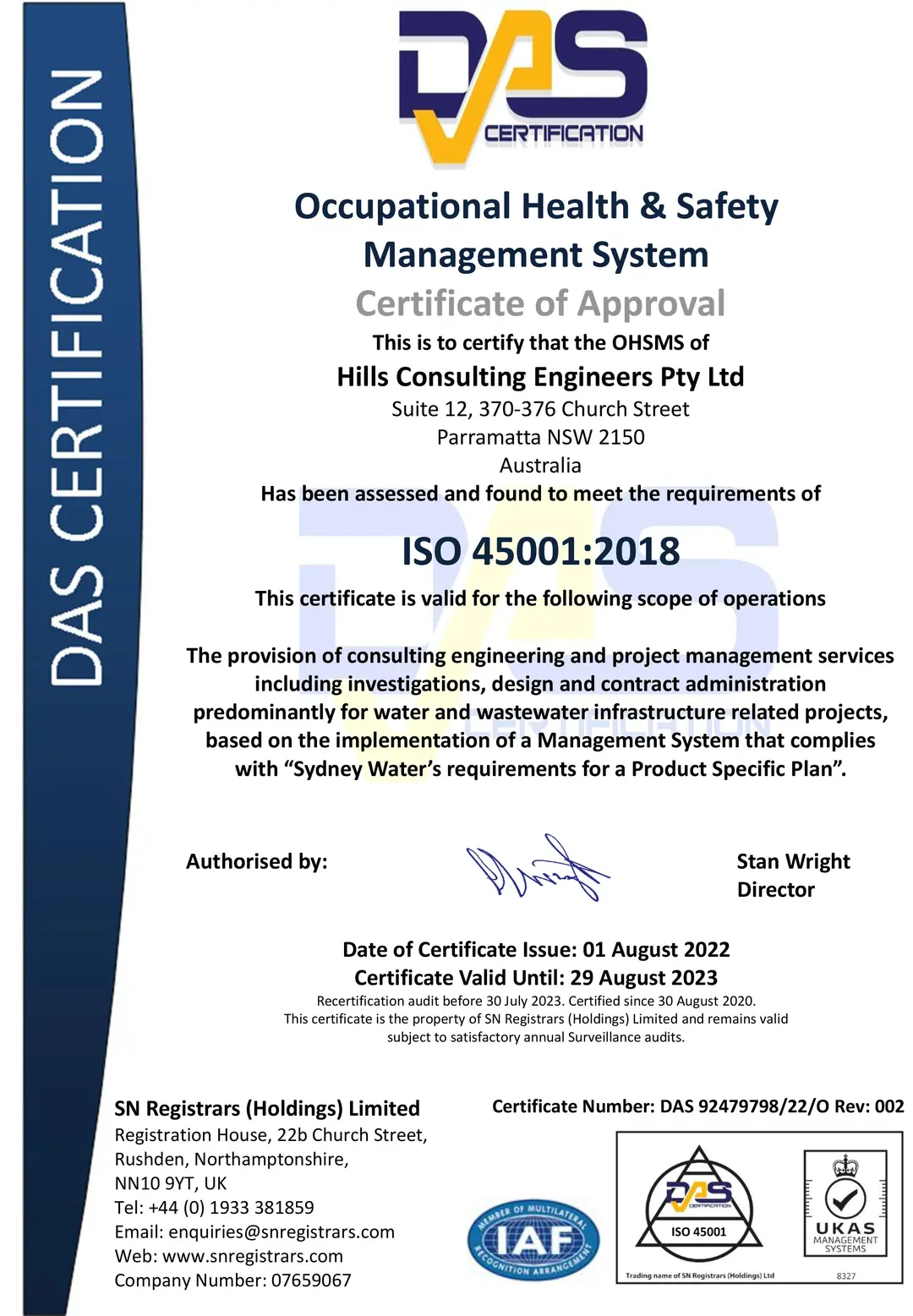 DAS ISO Certificate - Occupational Health Safety